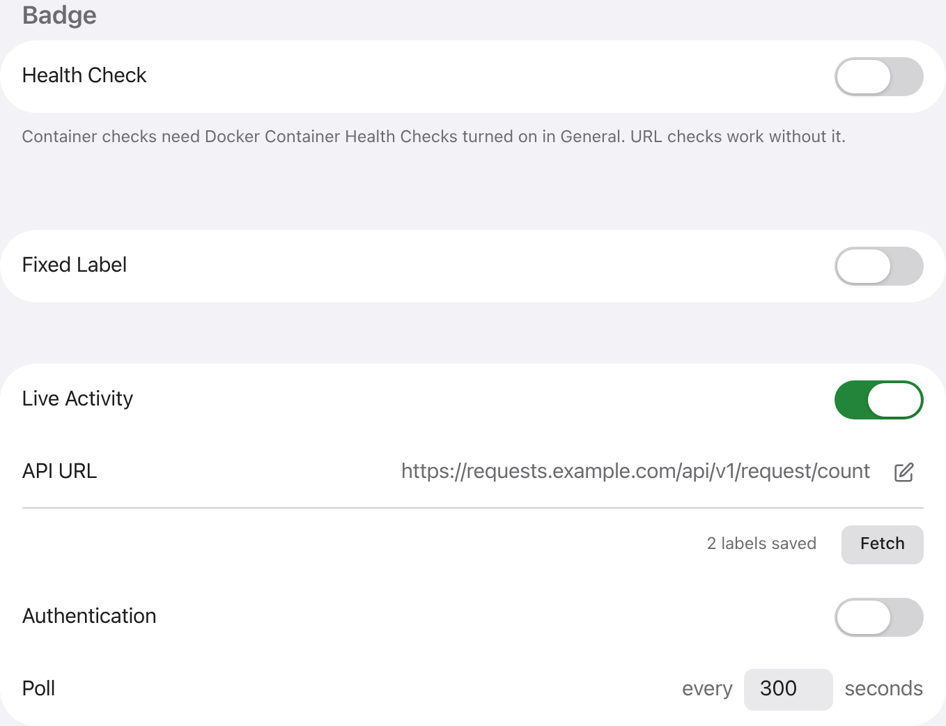 The Badge section of an app: Health Check, Fixed Label and Live Activity