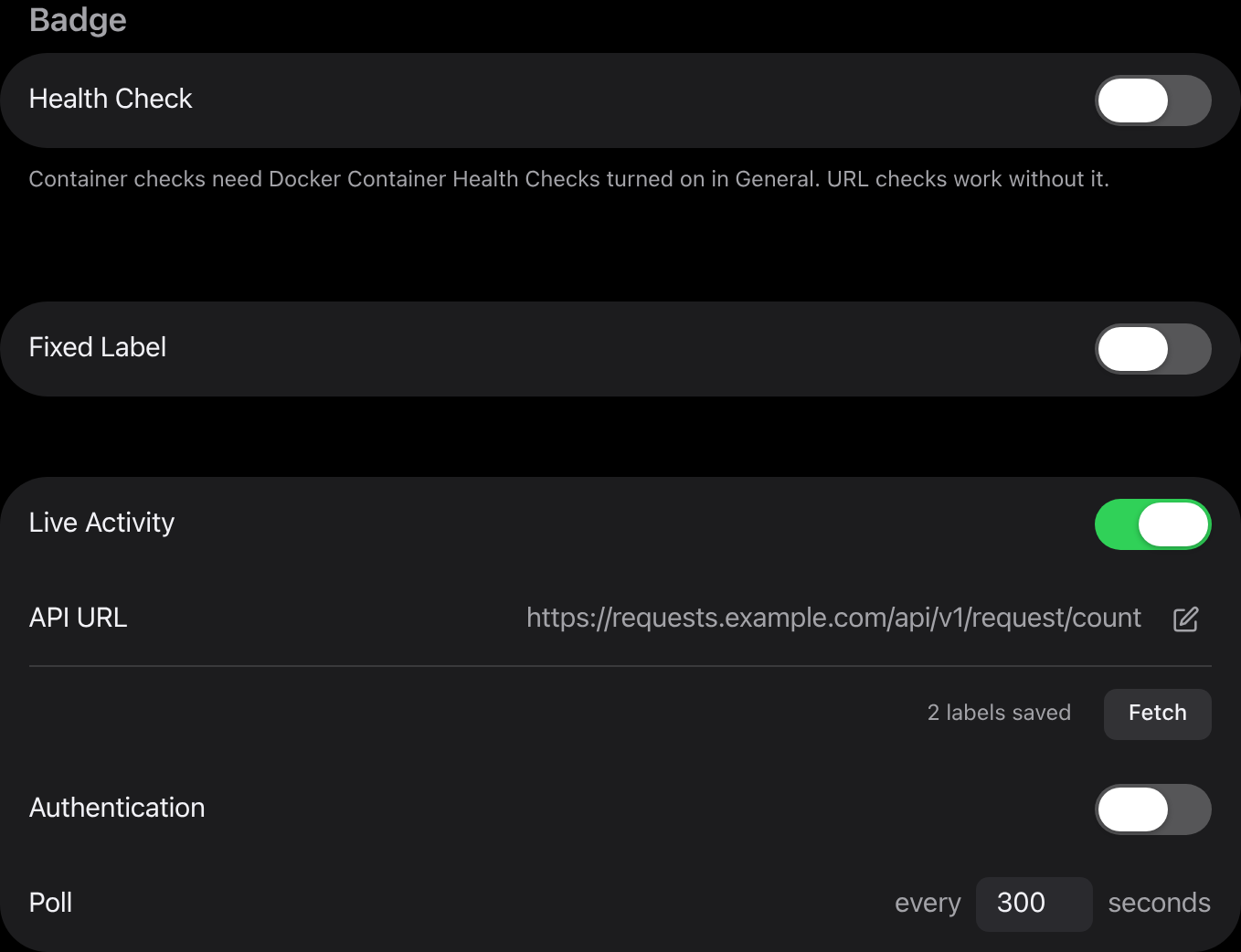 The Badge section of an app: Health Check, Fixed Label and Live Activity